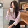 女性用ブラウスブルーストライプ女性韓国スタイルシックエレガントオフィスルックカジュアル長袖シャツピンクトップの女性服を着る