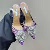 Colorful decorative rhinestone pointed sandals with exposed heels, thin twisted ankle straps, high heels, 7cm sandals, women's dinner shoes 35-42