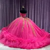 Rosa vermelha quinceanera vestidos de baile vestidos de 15 anos glitter ouro apliques rendas tull em camadas doce 16 princesa vestidos de festa de aniversário