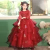 Lange Ärmel Prinzessin Blumenmädchenkleider für Hochzeit neue rote glänzende Perlen Party 2023 3D-Blumenspitzenapplikationen Geburtstagsparty Kinder formelle Kleidung Kleinkind-Festzug-Kleid