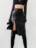 wsevypo Black PU Leather High Waist Pencil Skirts Vintage Grunge Women Streetwear Zipper Split Bodycon Midi Skirt with Belt 240113