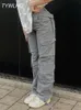 Винтажные грузовые брюки Бэкги Джин Мода 90 -х карманы Широкие ноги высокая талия прямой джинсовой брюки Y2K Компания 240113