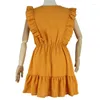 Casual Dresses Fashion Summer Sexy Women Mini Dress Ruffle 2024 Office Shoulder Tunic High Midist Party V Neck Beach Yellow