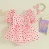 Rompers CitgeeSummer Valentine's Day Born Girl Outfit Short Sleeve Heart Print A-line Bodysuit Dress Bowknot Headband Clothes