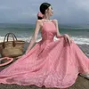 Abiti casual Abito lungo rosa con fasciatura da fata per donna senza maniche solido estivo senza schienale vintage sottile vestito estivo da vacanza stile francese