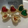 Boucles d'oreilles à dos médiéval Vintage en verre vert, Clip en pierre, Style rétro, cristal français, grand cœur rouge pour femmes, sans Piercing