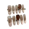 Faux Ongles 10pcs Amovible Toffee Brown Français Artificiel Avec Des Yeux De Chat Designs Style D'hiver Amande Presse Sur Long