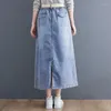 Spódnice 2024 Spring Autumn Kobiety Elastyczna talia Vintage Blue Lose A-Line Line Spódnica całkowicie dopasowana bawełniana dżins długi V791