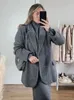 Loose Gray Woolen Pocket Womens Jacket Fashion V Neck Long Sleeve Blazer Coat Female Autumn Winter Chic Office Lady Streetwear 240115