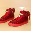 Fenkang män präglade höga topp sneakers lås spets röda lägenheter riktiga läder designer stövlar mäns casual skor 240115
