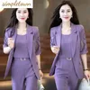 Autumn Vintage Hollow Short Sleeve Jacket With Tank Top Casual Pants Three Piece Elegant Women's Pants Suit Office Set 240115