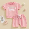 Set di abbigliamento per bambini bambina 2pcs outfit estivi a manica corta da ricamo da ricamo a tasca shorts set di vestiti carini