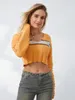 Damenpullover Frauen Sexy Gestreiftes Crop Top Langarm Tiefer V-Ausschnitt Kurzer Strickpullover Pullover Y2k Slim Fit Mini Strickwaren