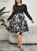 Basic Casual Dresses Robe imprim floral pour femme grande tailLE rond manches bouffantes patchwork lacets ligne A dcontract bureau travail midi automne YQ240115