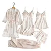 Kvinnors sömnkläder Lady Nightgown Silky Satin Lace Patchwork Pajamas Set With Top Shorts Pants Loose Lace-Up Midje Homewear