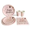 Wegwerpservies Rose Gold Verjaardag Wegwerpservies Set Papieren bekerborden Verjaardagsfeestje Decoraties Kinderen Babyshower Meisjesfeest Tablewarevaiduryd