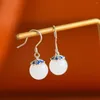 Dangle Earrings 2024# Sweet Lady Women Enamel With Round Bead HETIAN White Jade S925 Pure Silver Natural Nephrite Cheongsam Party