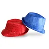 Ball Caps 2pcs LED Luminous Jazz Hat Stage Props Flash Hats With Glitter Sequins Decor For Party (Blue)