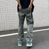 Jeans pour hommes délavés en détresse Style Hop Streetwear trou déchiré jambe large avec poches multiples pour