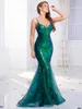 Casual Dresses Padded V Neck Green Stretch Sequin Party Dress Spaghetti Floor Length Mesh Panel Mermaids Backless Evening Night Formal Gown