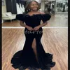 Elegant Black Velvet Prom Dress For Black Girls With Slit Charming South African Mermaid Evening Dress Off The Shoulder Formal Dance Dress Beautiful Robe De Mariee