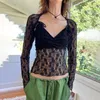 Blouses Femmes Femmes Dentelle See-Through Tops Floral Col V Chemise À Manches Longues Club Automne Printemps Élégant Streetwear Esthétique Vêtements Pull