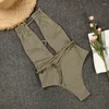 Women's Swimwear One Piece Swimsuit Cutout Tie Front Ruched Thong Backless Bathing Suits Monokini