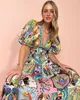 Australian Designer Fancy Womens Long Abstract Pattern Gathered Waist Sleeveless Linen Positioning Print Pullover Short Sleeve V-neck Swing Dress