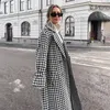 Women's Trench Coats Houndstooth Print Long Coat High Street Elegant Double Breasted Black White Plaid Outerwear Fall Winter