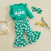 Kläder sätter baby flicka St Patricks Day Outfit ruffle långärmad romper brev tryck bodysuit spädbarn klocka bottnar pannband