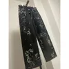 2024 Nouveau Designer Femmes Jeans Graffiti Taille Haute Lâche Casual Noir Droit Denim Pantalon Mode Streetwear Thekhoi-12 CXG984