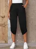 Pantaloni da donna Matita casual Primavera Estate Semplice elastico in vita Bottoni Tasca Pantaloni neri Pantaloni da indossare ogni giorno con polsini arrotolati