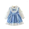 Mädchenkleider, Frühlingsherbst, Mädchenkleid, Lolita-Stil, blaue Schleife, plissierte Kleider, Baby-Prinzessin für Mädchen im Alter von 1 bis 4 Jahren