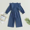 BeQeuewll Kleinkind Mädchen Herbst Denim Overall Einfarbig Stil Freizeit V-ausschnitt Taste Verzierung Strampler Outfits 240115