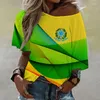 T-shirts voor dames Brazilië Vlag damesschilderijshirt Los nationaal embleem 3D-print Zomermeisje Off-shoulder Tops