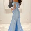 Blue Modern Sky Mermaid Robes de bal Souples sans bretelles Crystal Robe de fête en perles plus taille Robe Mariage 2024 Yd