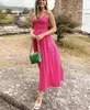 Casual Dresses Elastic Smocking Green Cotton V Neck Summer Women's Dress Sleevless Long Maxi Strapy Solid Kvinna