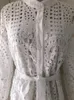 Spring Vintage Hollow Out Embroidery Dress Water Soluble Lace Splice Long Sleeve Single Breasted Waist Tie Up Mid Vestidos 240113