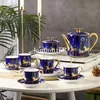 Luxurious golden-rimmed Blue color Carousel coffee set Bone china cups and saucers Porcelain tea set 15 pcs Ceramic Tableware set 183W