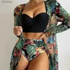 Swim Wear 2024 Novo 3 Piece Bikini Set Cintura Alta Maiô Mulheres Manga Longa Cover Up Imprimir Halter Swimwear Beach Wear Sexy Bathing SuitL240115