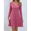 Robes décontractées Mode rose couleur côtelé tricoté mini robe femmes col en v bouton à manches longues une ligne 2024 automne streetwear vestidos
