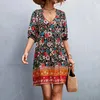 Casual Dresses Short Sleeve Deep V Neck Flowy Mini Dress Formal For Wedding Guest A Line Ruffle High midje blommigt tryck Boho