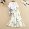 Work Dresses ZOCI White Shirt Floral Long Dress Two Piece Suit Summer High Waist A-line Skirts Sets Korean Fashion School Casual Clothes