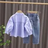 Primavera crianças desgaste meninas manga longa camisa jeans 2 peça conjunto meninas sólida camisa de algodão jeans terno para meninas de 1-5 anos 240115