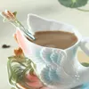 Swan Coffee Mugs With Saucers Spoons Colored Emamel Porcelain Cup Breakfast Thermal Tea Water Bottle Christmas Brithaday Gift 240115