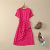 2024 Spring Red Solid Color Dress Short Sleeve Round Neck Knee-Length Casual Dresses