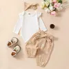 -11-03 Lioraitiin 0-24m Baby Girl Daisy Print Outfit Sólido com nervuras Ruffle Romper Calças de manga comprida Headbands Roupas Set 240115