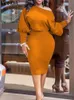 Plus Size VONDA Dress Sets 2024 Women Suits Elegant Long Lantern Sleeve Tops and Midi Bud Skirts Casual Solid Fashion 2PCS 240115