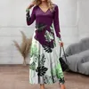 Casual Dresses Fashion Print Floral Dress Women's Elegant Office V-Neck Long Sleeve Splice Contrast Maxi Vintage Bohemia