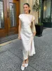 Casual Dresses Sexig backless Brown Satin Party Dress Elegant Silk Splt Midi Robe for Women O Neck Sleeveless Solid Fashion 2024 Vestidos